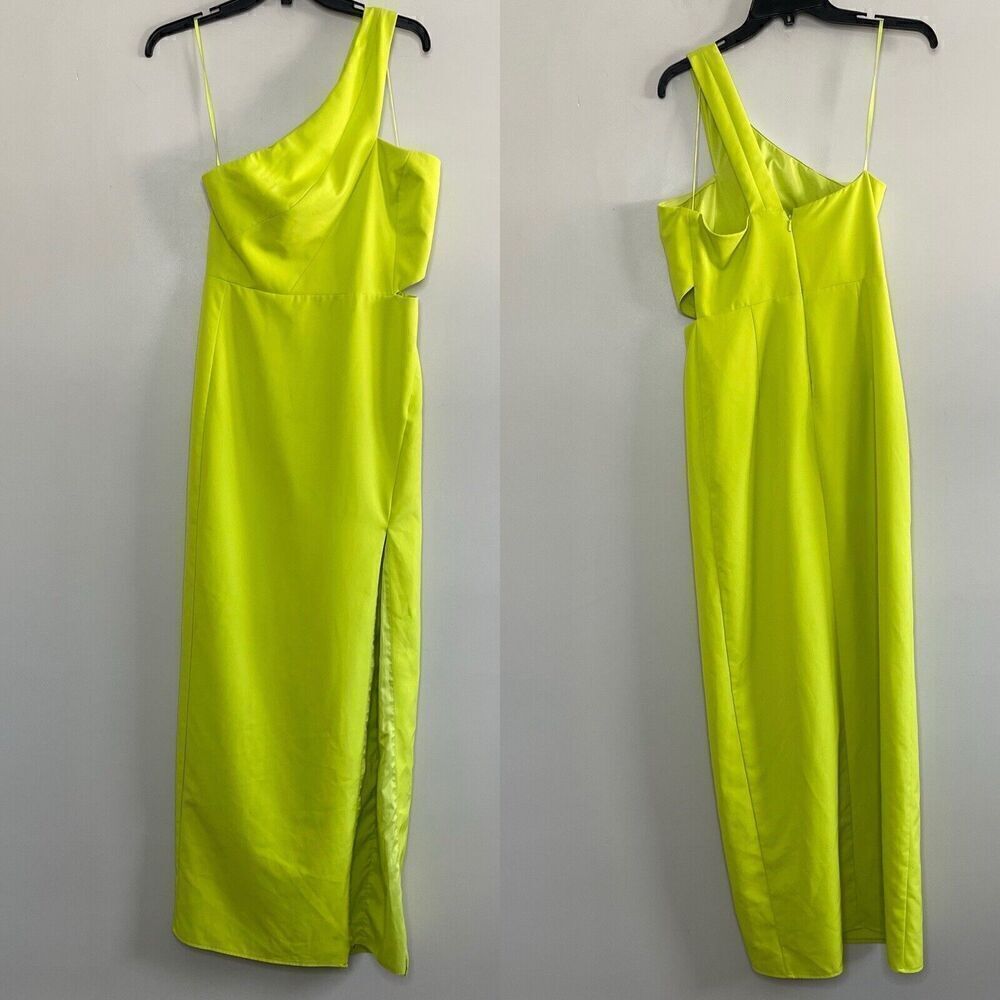 AIDAN Aidan Mattox Gown Women 6 Neon Green One Shoulder Sheath Cut Out High Slit